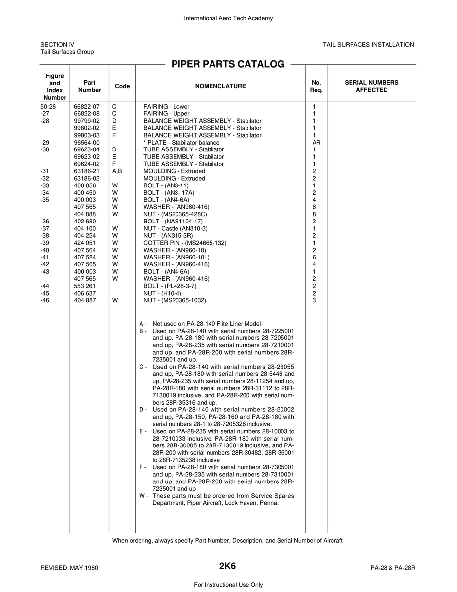 Aviation Part 69623-04 for Piper PA-28 Cherokee Aircraft