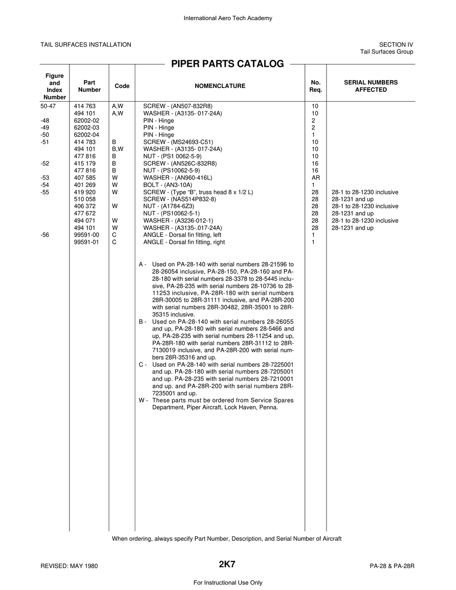 Aviation Part 99591-01 for Piper PA-28 Cherokee Aircraft