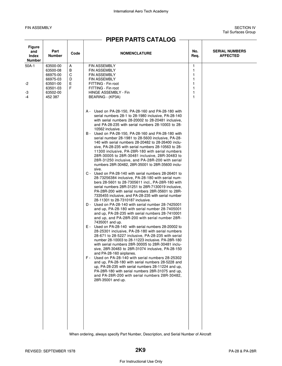 Aviation Part 63501-00 for Piper PA-28 Cherokee Aircraft