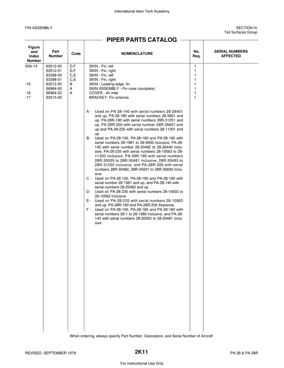 Aviation Part 63512-00 for Piper PA-28 Cherokee Aircraft