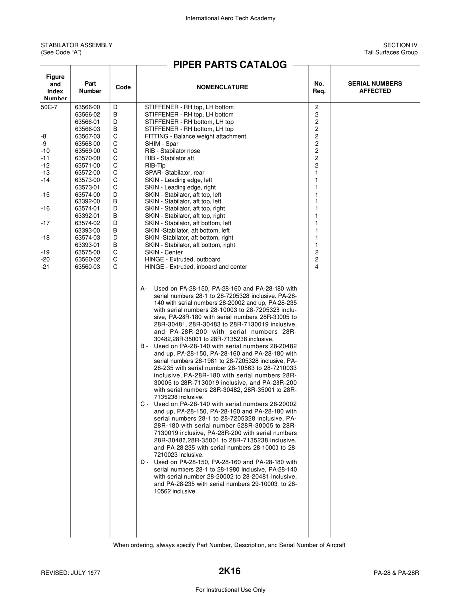 Aviation Part 63566-01 for Piper PA-28 Cherokee Aircraft