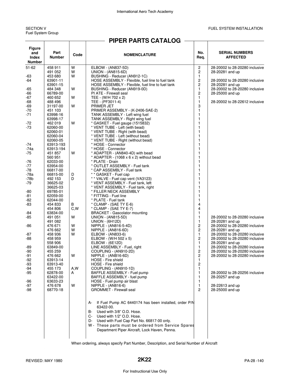 Aviation Part 62878-00 for Piper PA-28 Cherokee Aircraft