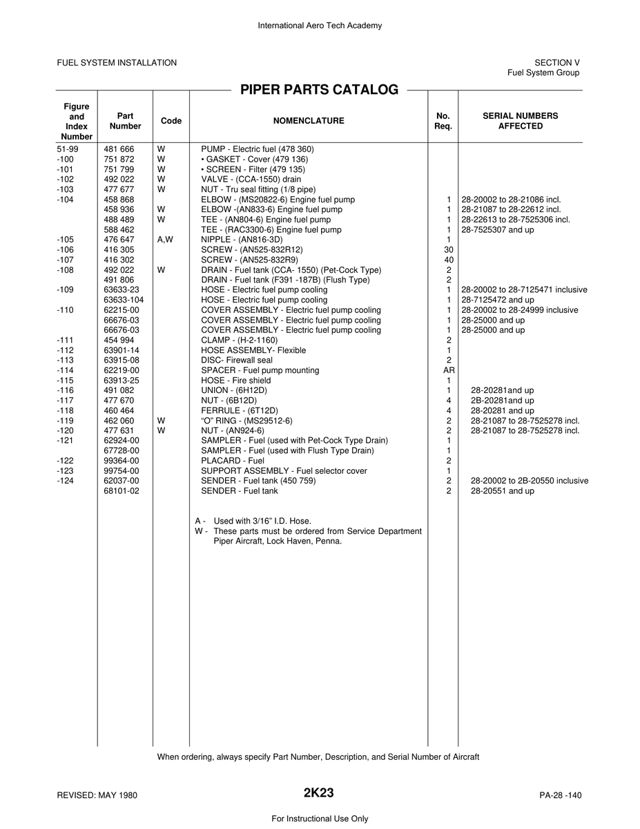Aviation Part 63633-104 for Piper PA-28 Cherokee Aircraft