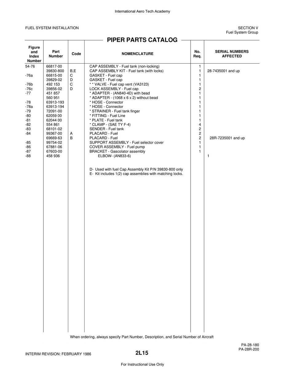 Aviation Part 99367-00 for Piper PA-28 Cherokee Aircraft