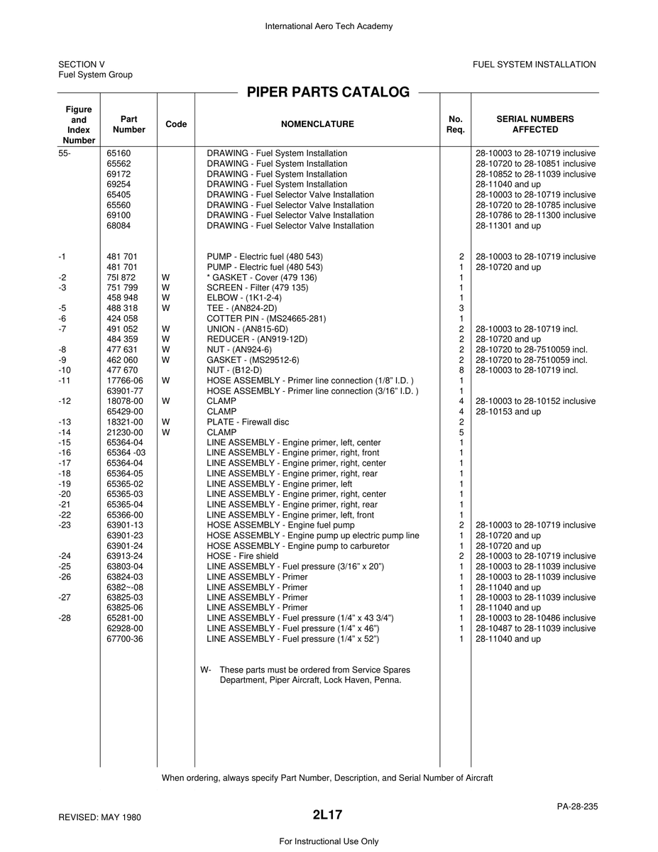Aviation Part 65364 for Piper PA-28 Cherokee Aircraft