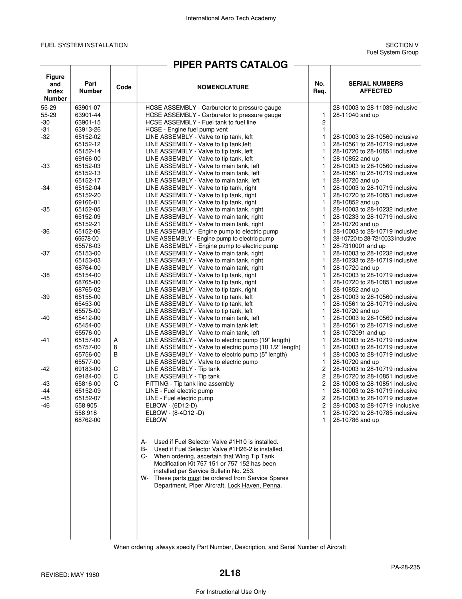 Aviation Part 65454-00 for Piper PA-28 Cherokee Aircraft
