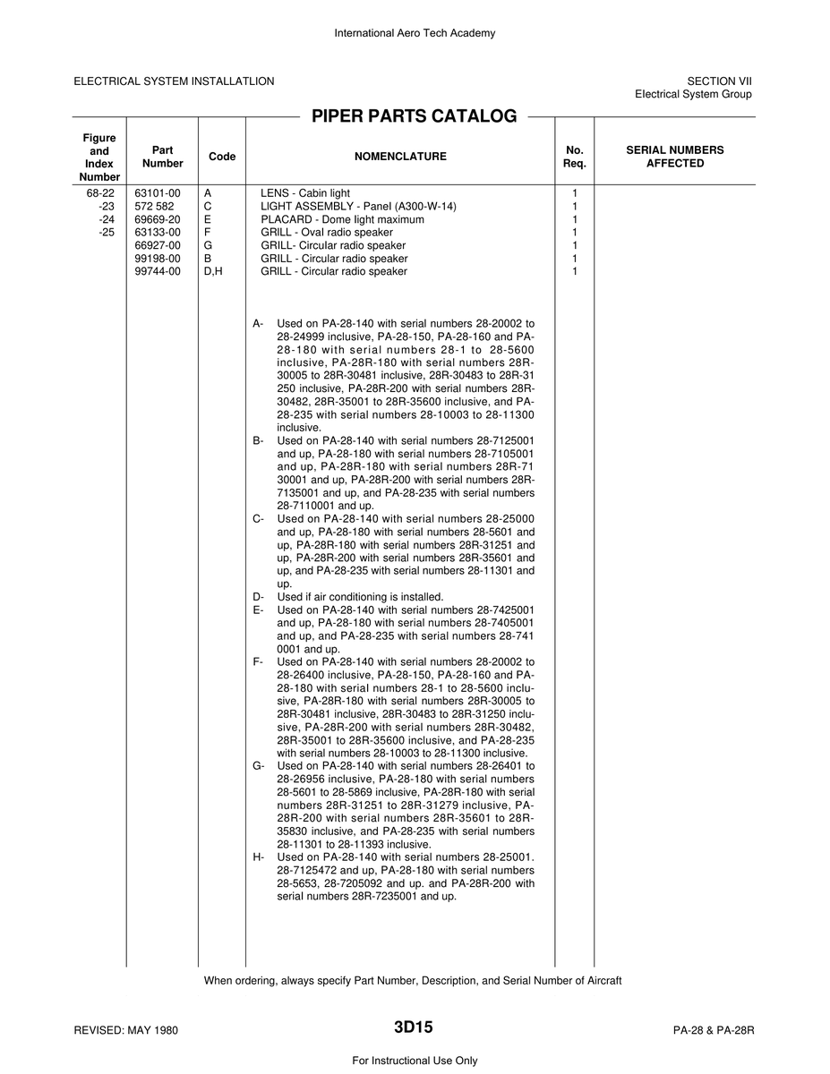 Aviation Part 63101-00 for Piper PA-28 Cherokee Aircraft