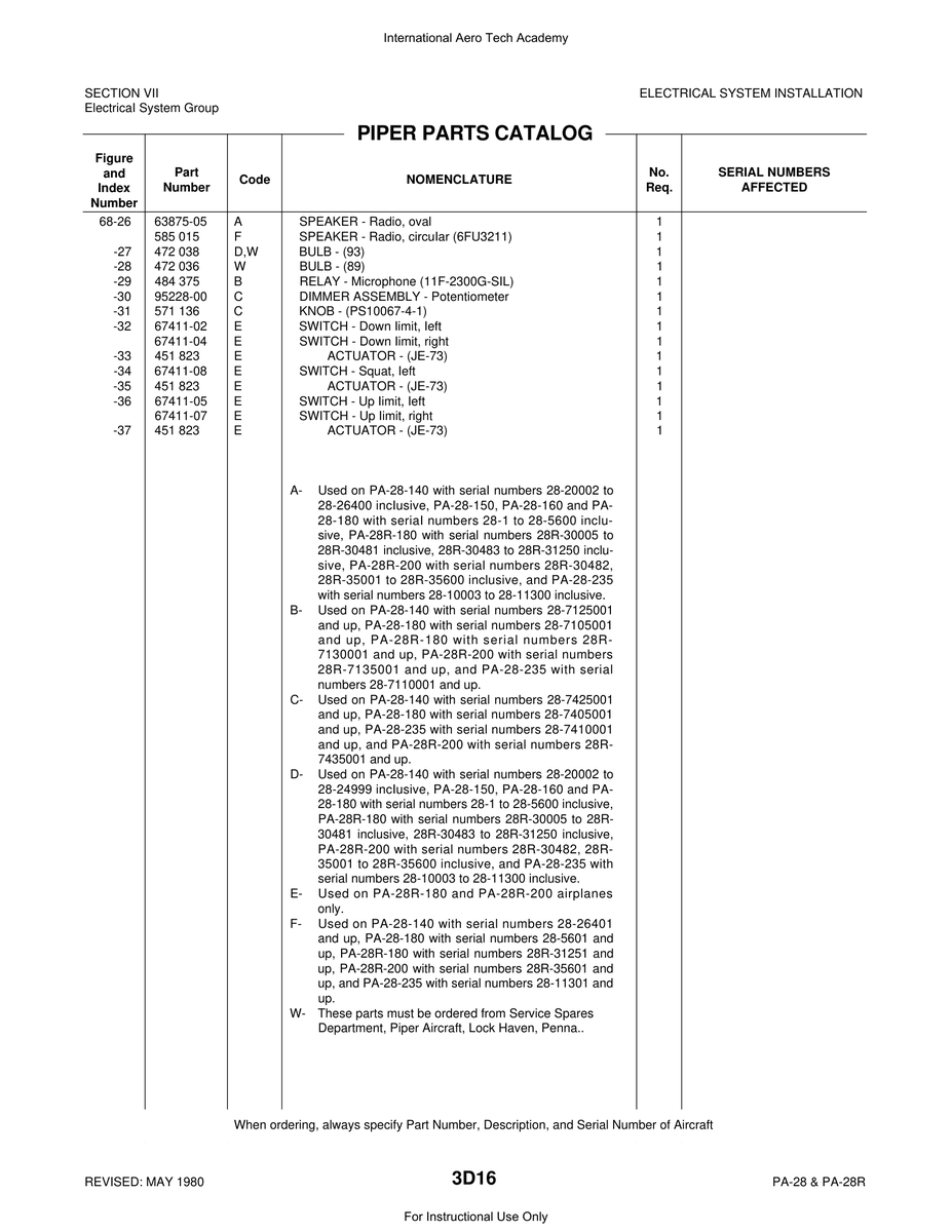 Aviation Part 67411-07 for Piper PA-28 Cherokee Aircraft