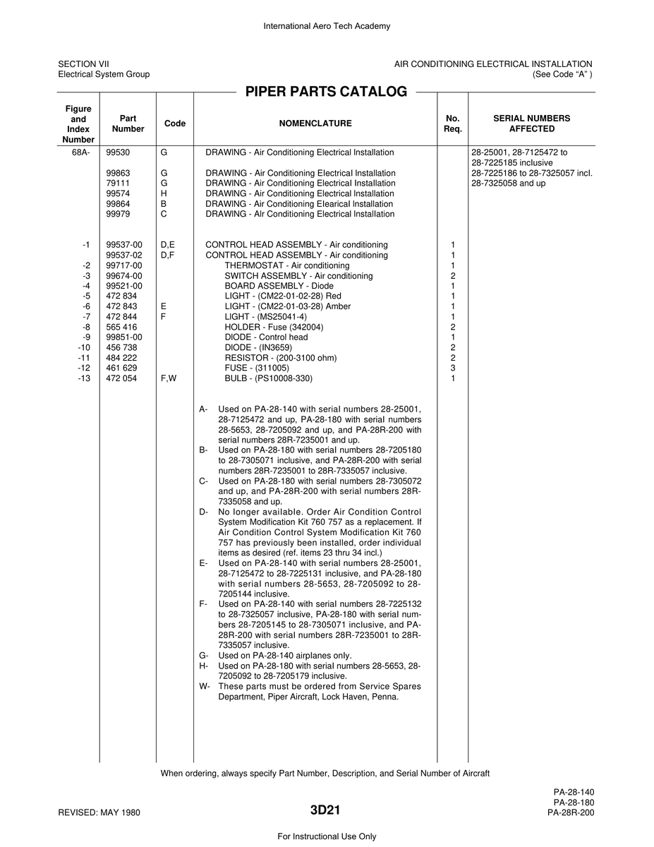 Aviation Part 99851-00 for Piper PA-28 Cherokee Aircraft