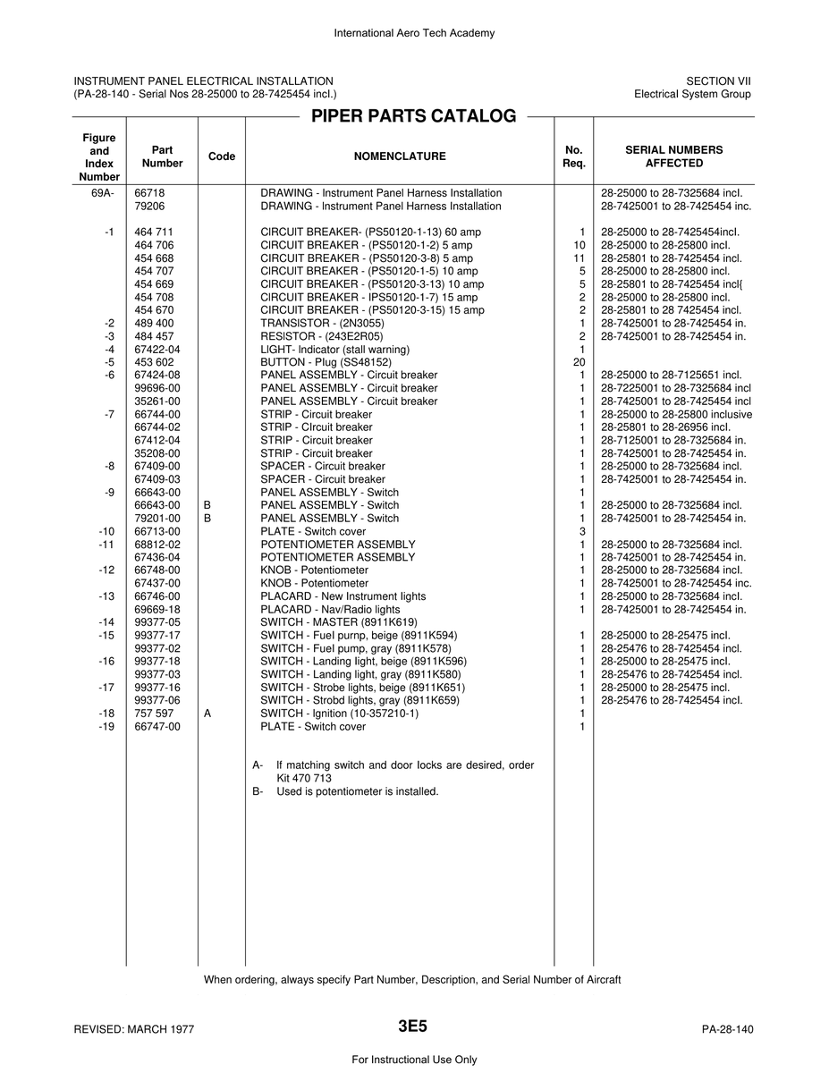 Aviation Part 66747-00 for Piper PA-28 Cherokee Aircraft