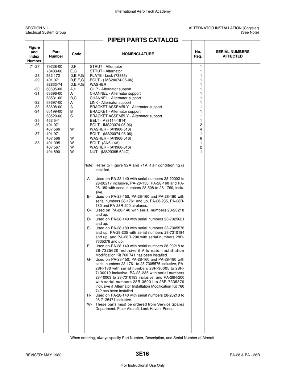 Aviation Part 63520-00 for Piper PA-28 Cherokee Aircraft