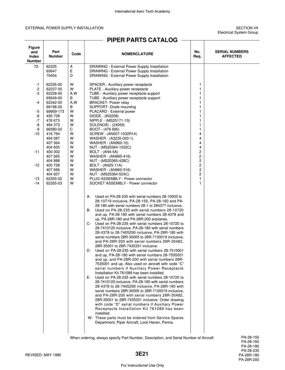 Aviation Part 62355-03 for Piper PA-28 Cherokee Aircraft