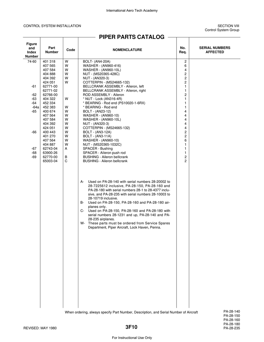 Aviation Part 63900-26 for Piper PA-28 Cherokee Aircraft