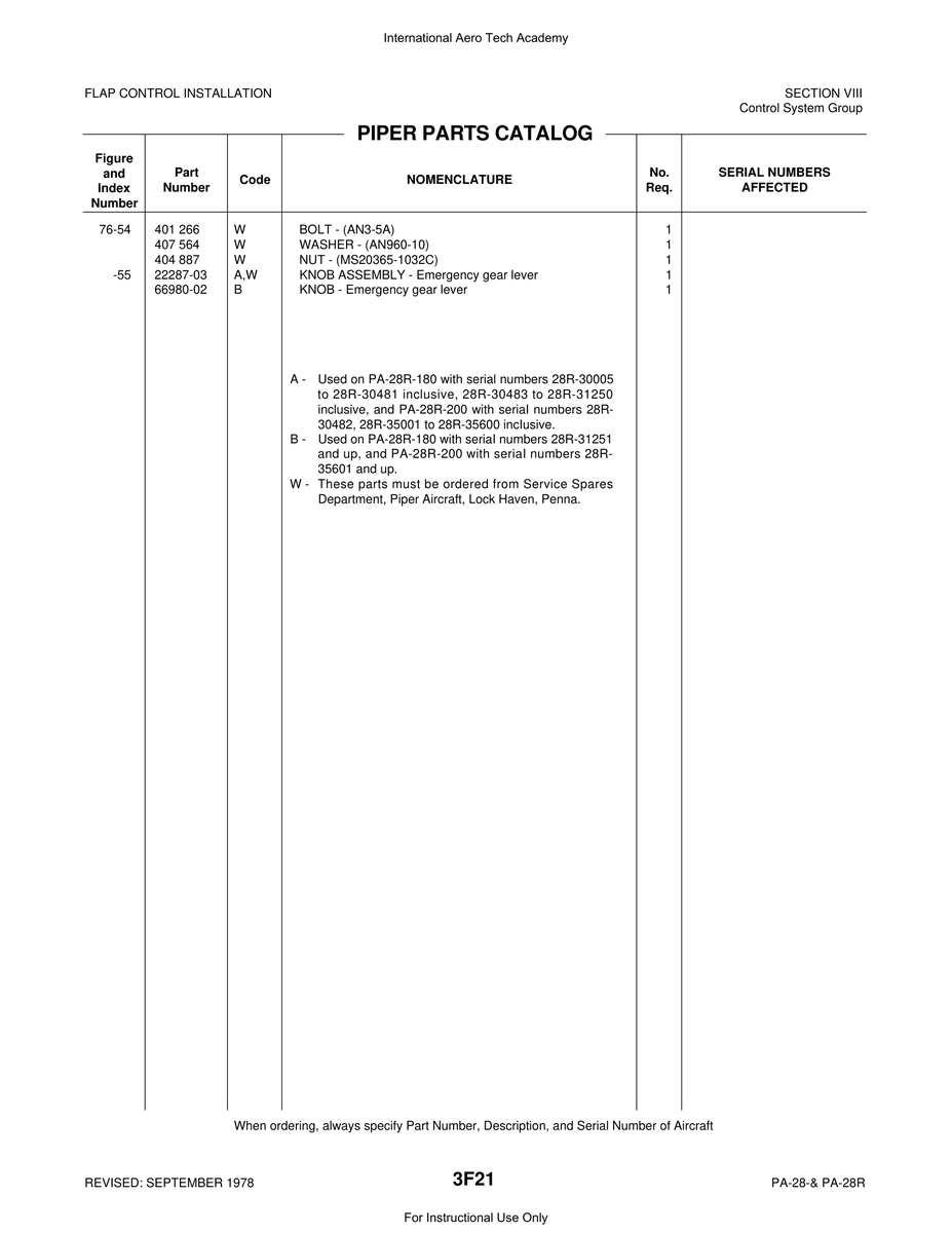 Aviation Part 66980-02 for Piper PA-28 Cherokee Aircraft