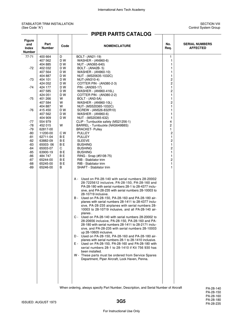 Aviation Part 65003-07 for Piper PA-28 Cherokee Aircraft