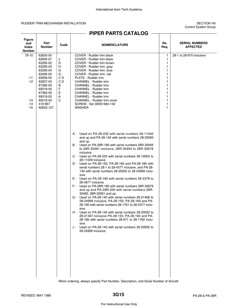 Aviation Part 63295-03 for Piper PA-28 Cherokee Aircraft