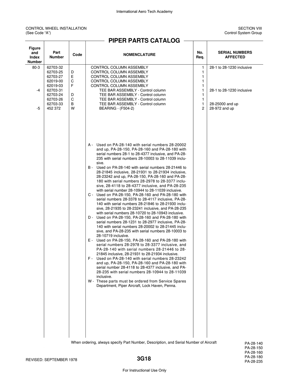 Aviation Part 62703-26 for Piper PA-28 Cherokee Aircraft