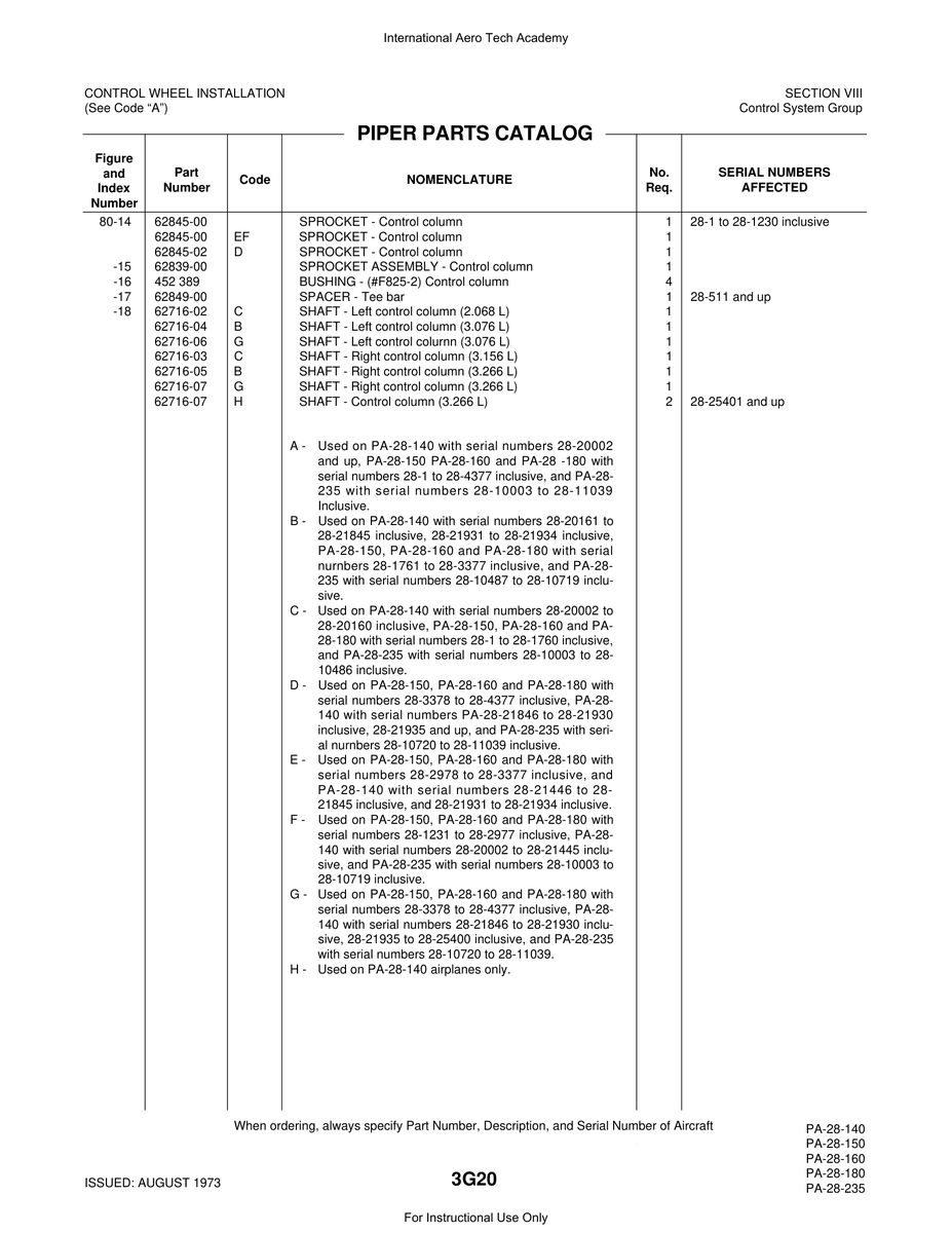 Aviation Part 62845-00 for Piper PA-28 Cherokee Aircraft