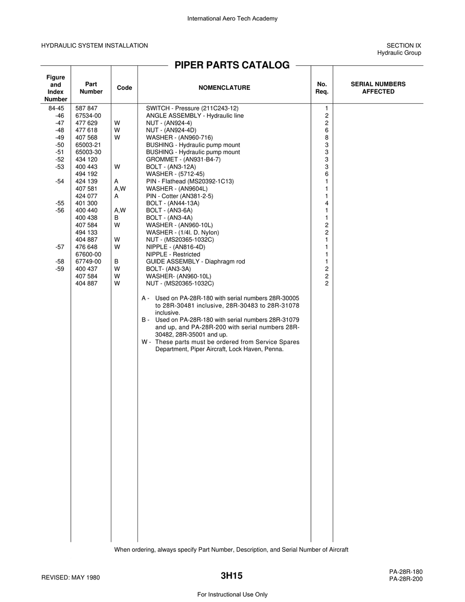 Aviation Part 67749-00 for Piper PA-28 Cherokee Aircraft