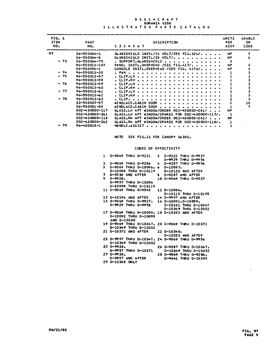 Aviation Part 0--9287 for Beechcraft V35 Aircraft