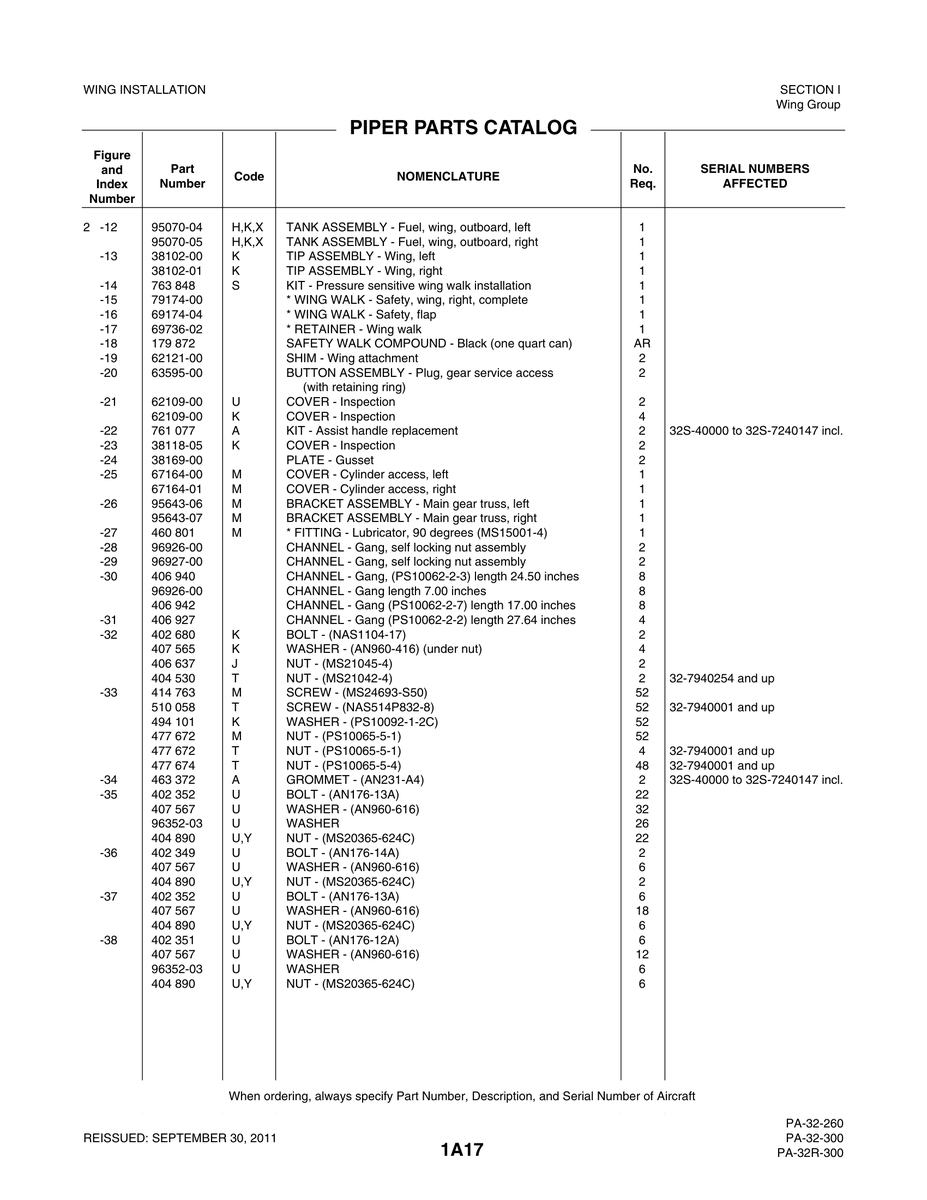 Aviation Part 38102-01 for Piper PA-32-260 Aircraft