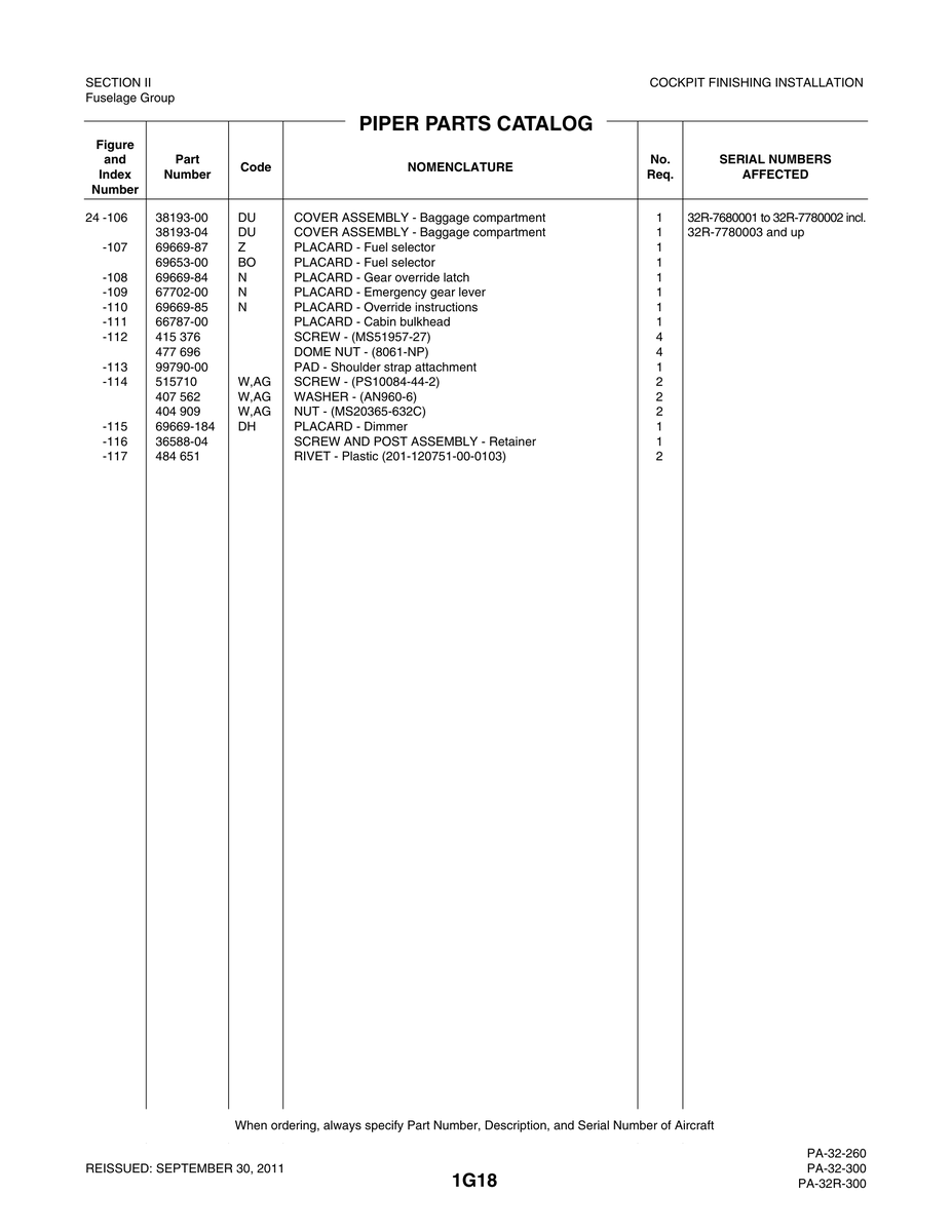 Aviation Part 69669-184 for Piper PA-32-260 Aircraft