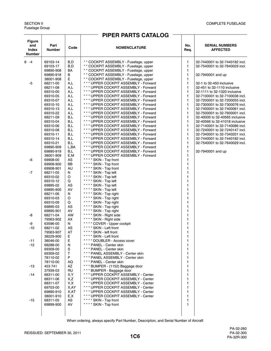 Aviation Part 69310-22 for Piper PA-32-260 Aircraft