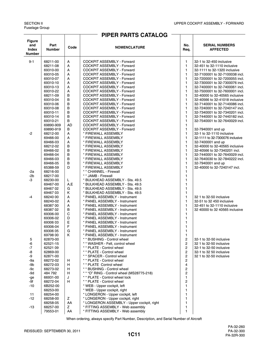 Aviation Part 69798 for Piper PA-32-260 Aircraft