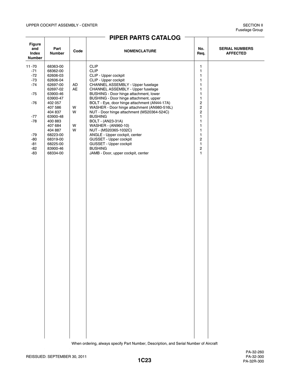 Aviation Part 62606-03 for Piper PA-32-260 Aircraft