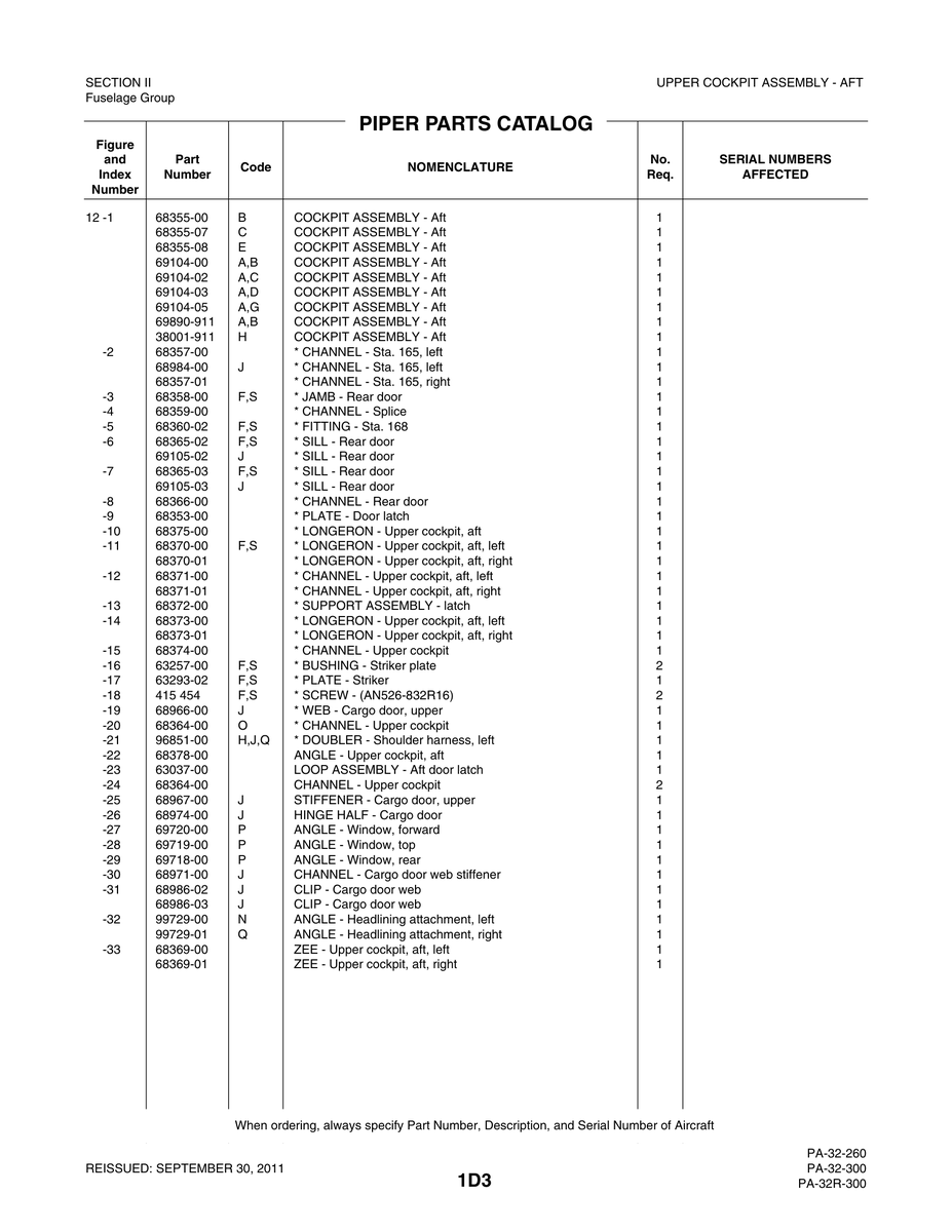 Aviation Part 99729-01 for Piper PA-32-260 Aircraft