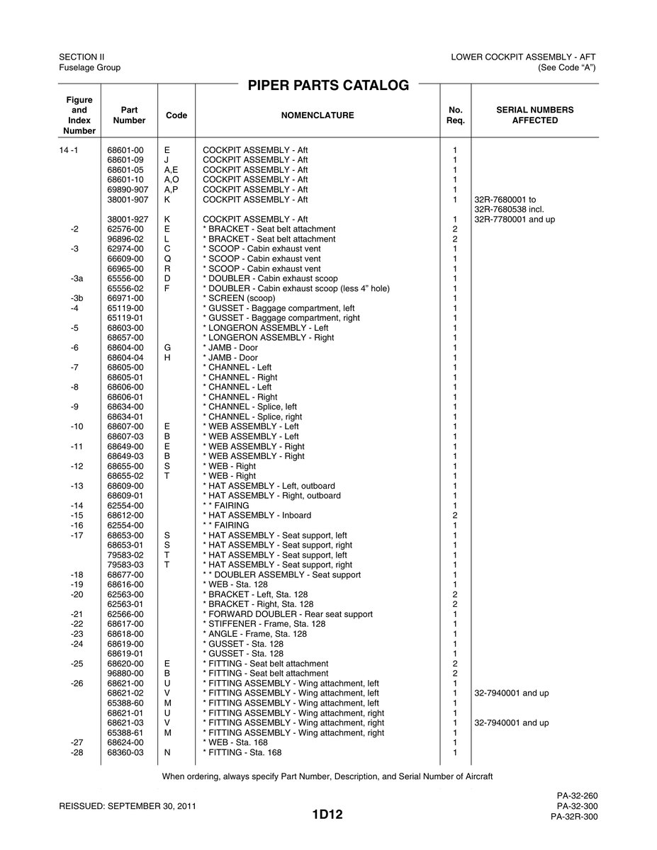 Aviation Part 68605-00 for Piper PA-32-260 Aircraft