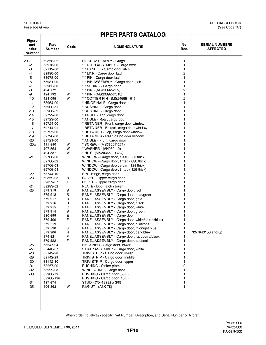 Aviation Part 69725-00 for Piper PA-32-260 Aircraft