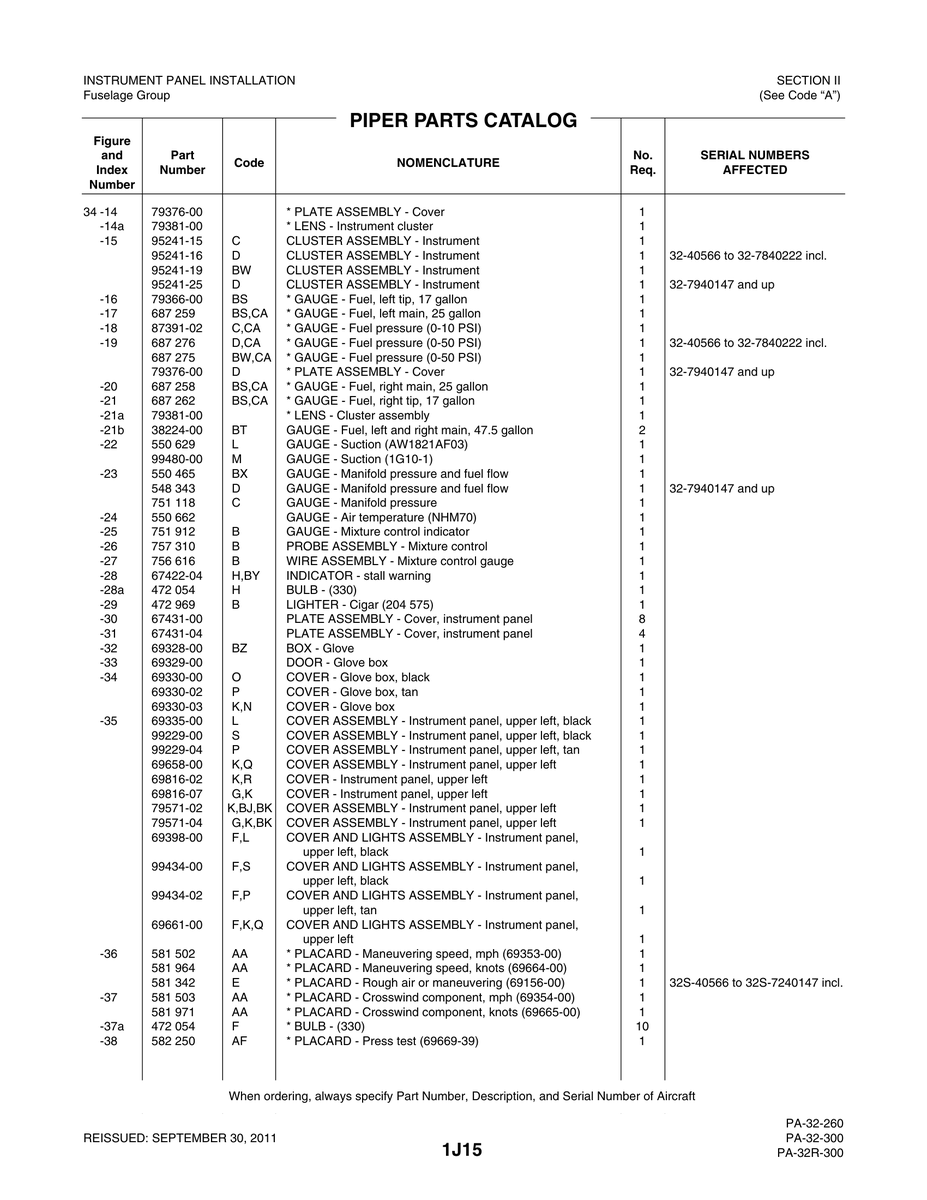 Aviation Part 95241-16 for Piper PA-32-260 Aircraft