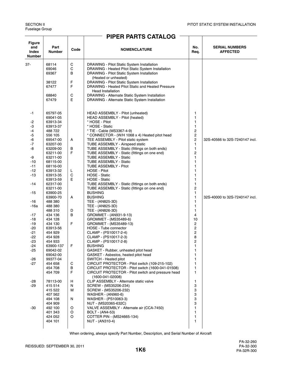 Aviation Part 62317-00 for Piper PA-32-260 Aircraft