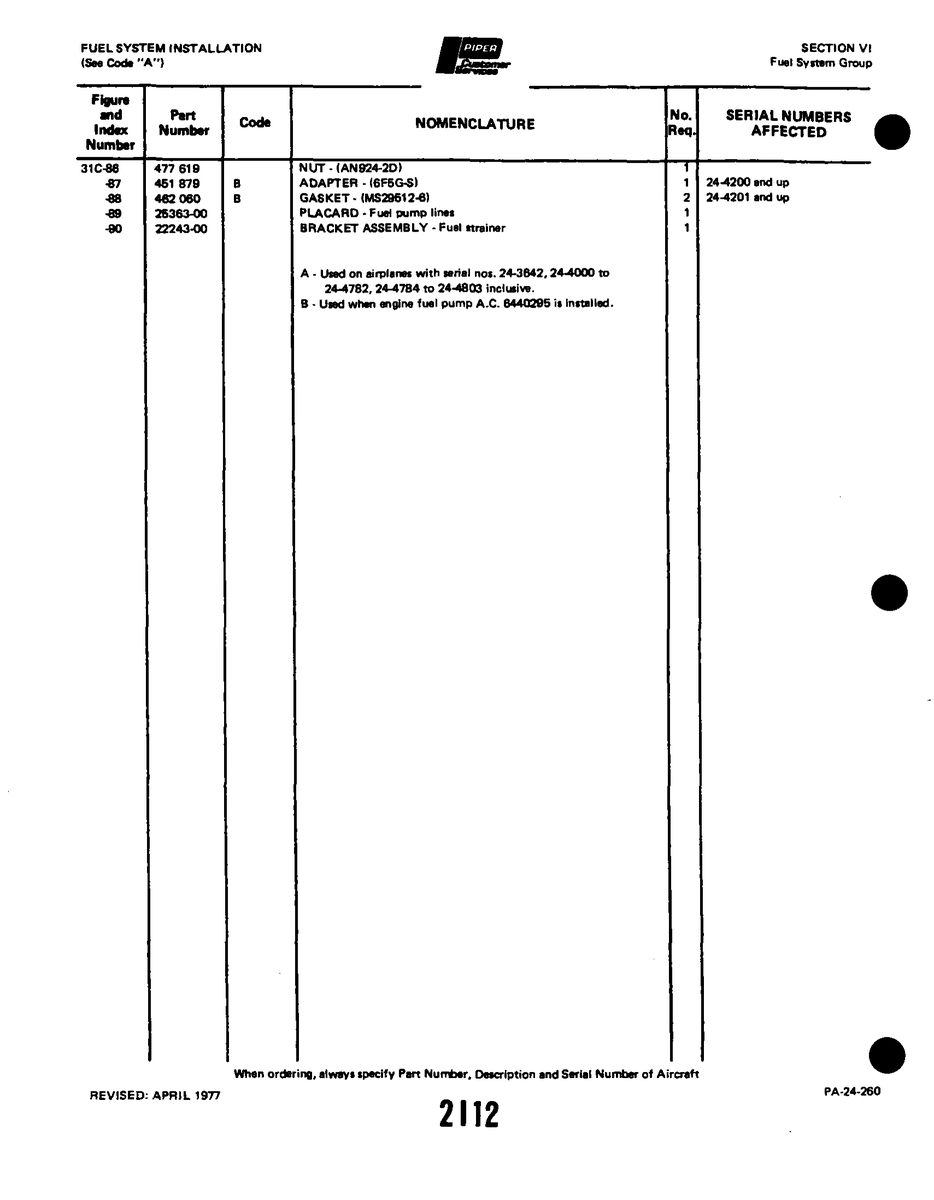 Aviation Part 25363-00 for Piper PA-32-260 Aircraft