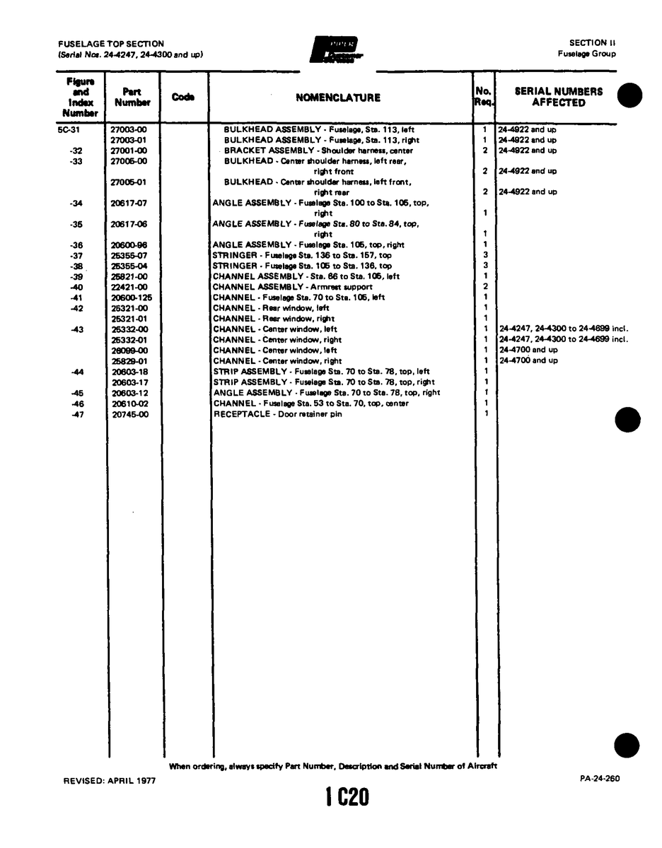 Aviation Part 2700301 for Piper PA-32-260 Aircraft