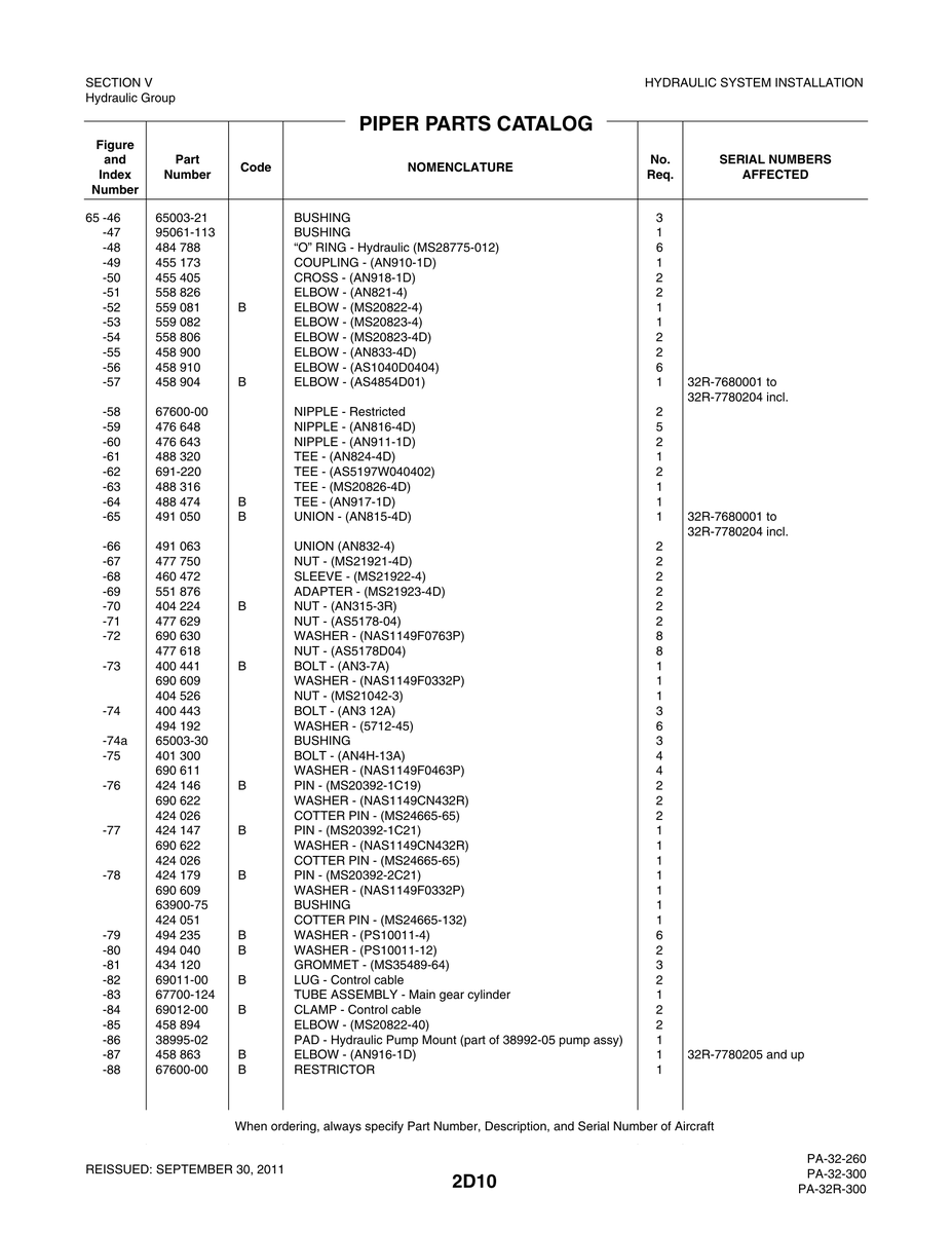 Aviation Part 95061-113 for Piper PA-32-260 Aircraft