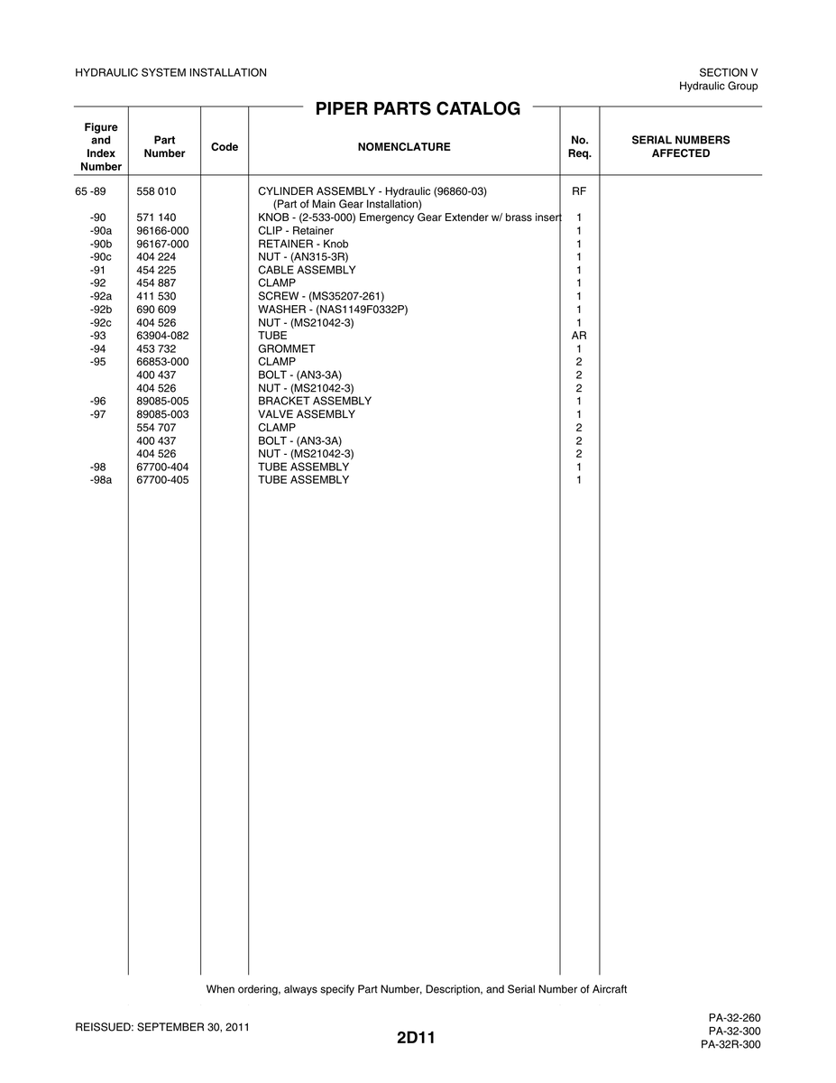 Aviation Part 67700-404 for Piper PA-32-260 Aircraft