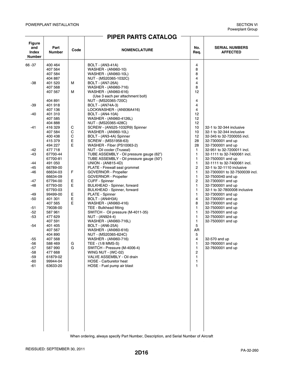 Aviation Part 67793-03 for Piper PA-32-260 Aircraft