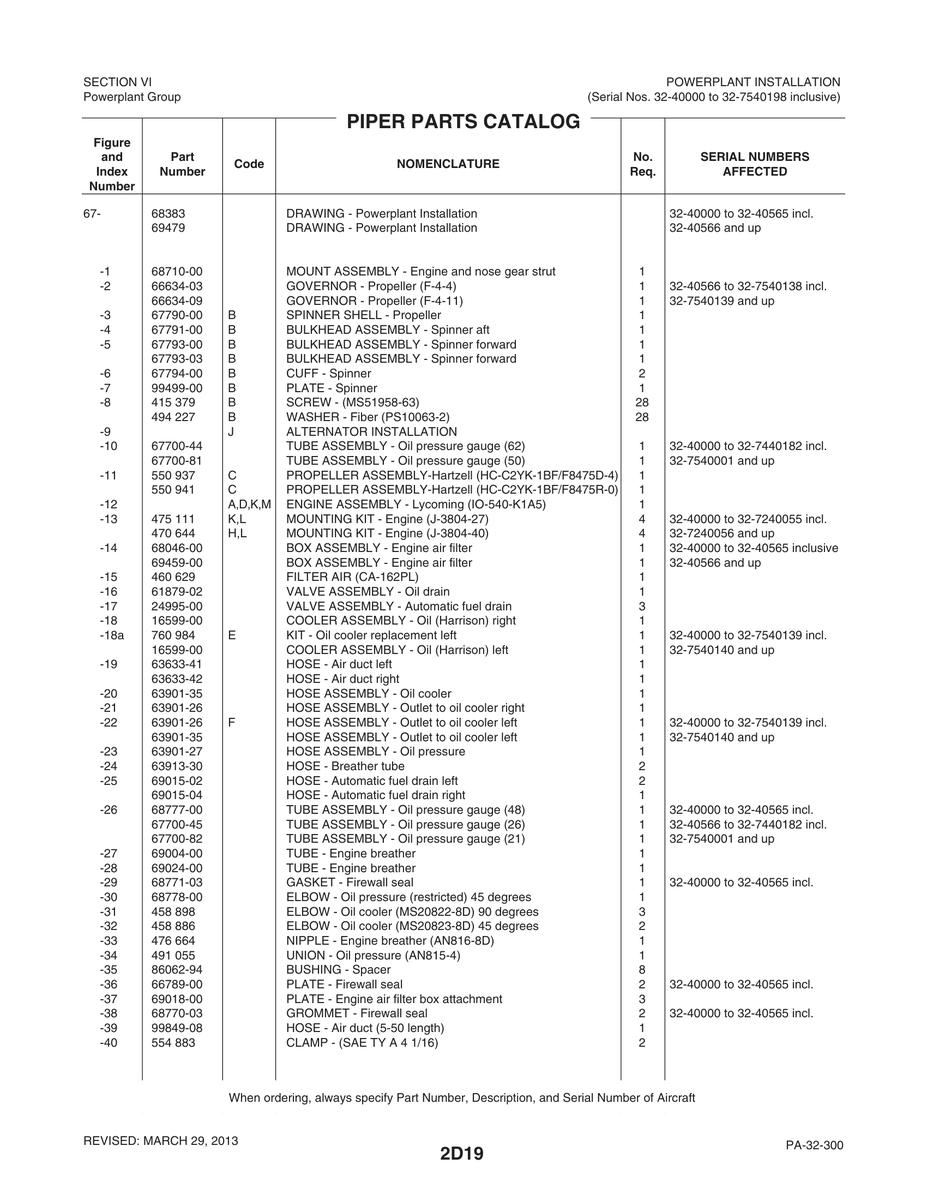 Aviation Part 99849-08 for Piper PA-32-260 Aircraft