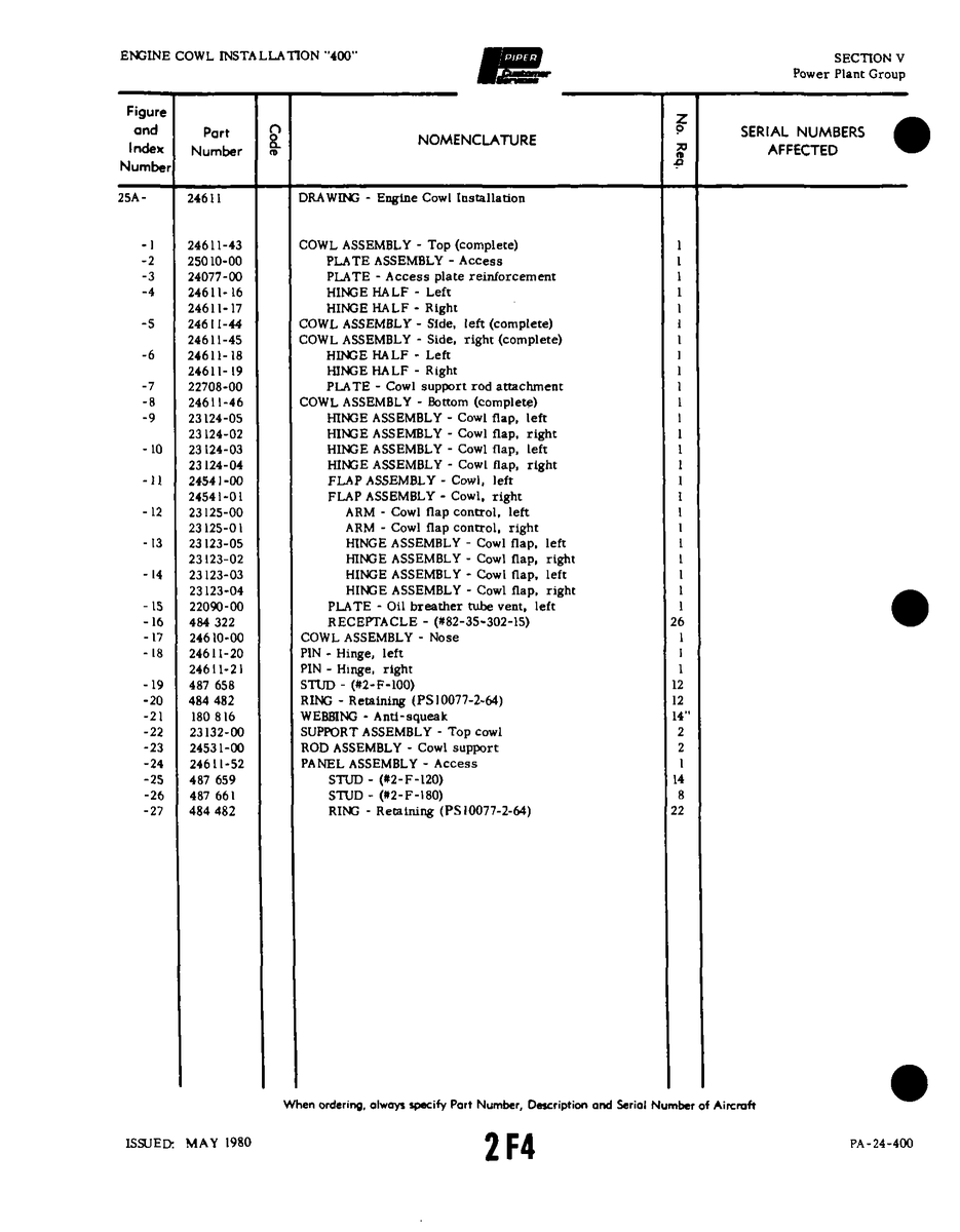 Aviation Part 23124-04 for Piper PA-32-260 Aircraft
