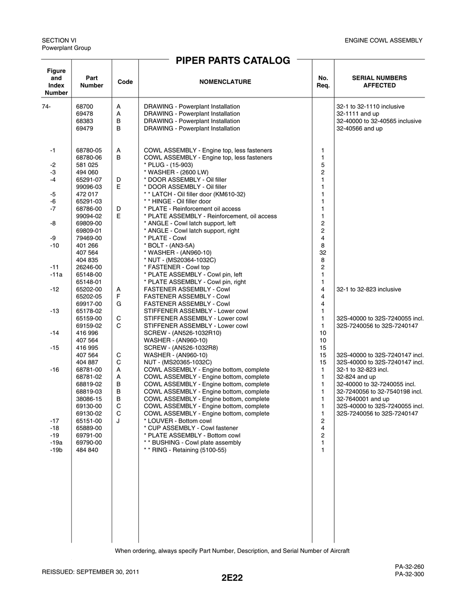 Aviation Part 68781-02 for Piper PA-32-260 Aircraft