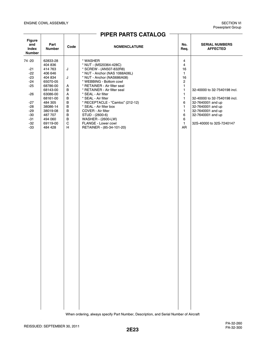 Aviation Part 68161-00 for Piper PA-32-260 Aircraft