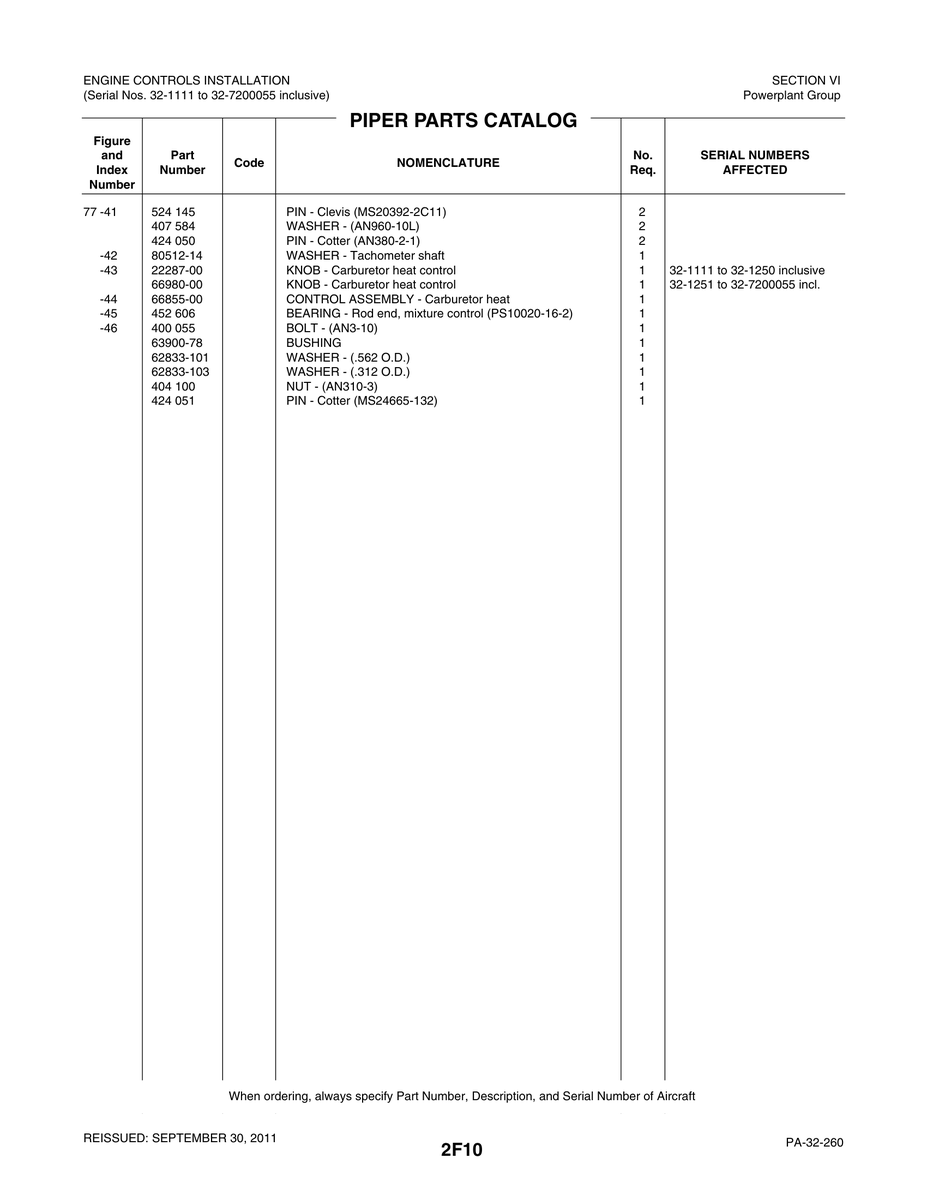Aviation Part 80512-14 for Piper PA-32-260 Aircraft