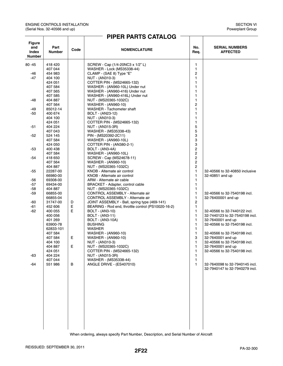 Aviation Part 69308-00 for Piper PA-32-260 Aircraft