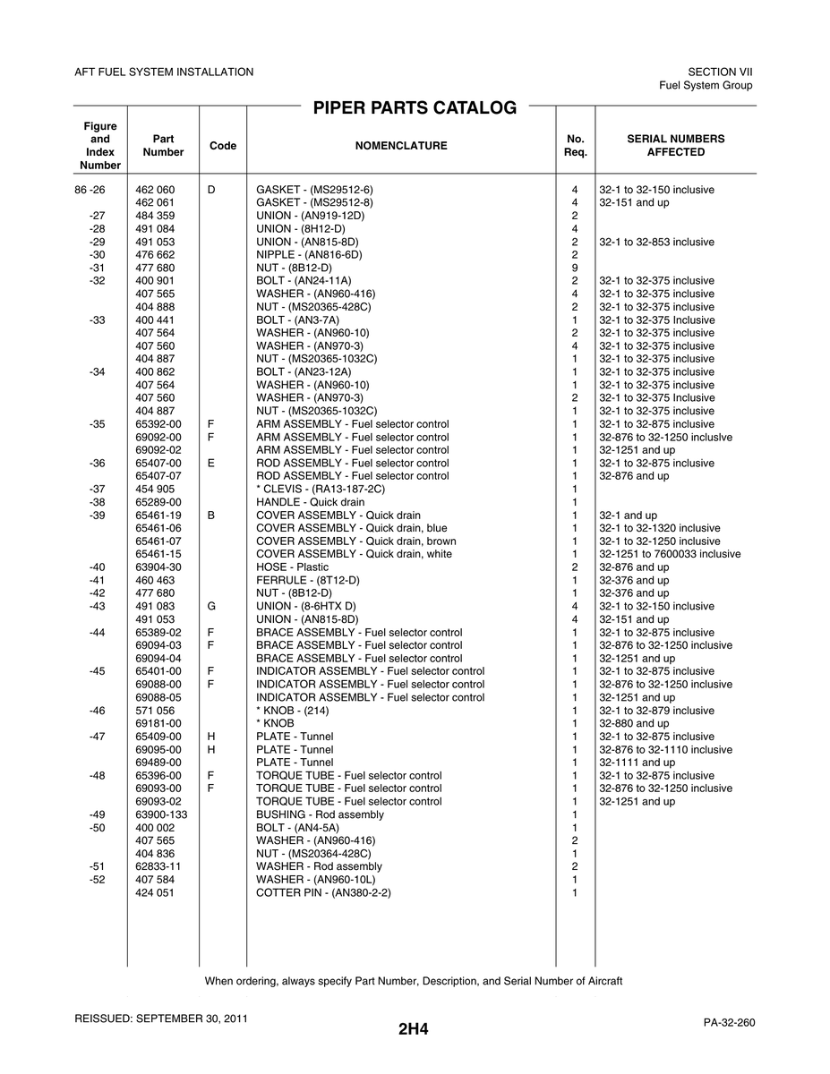 Aviation Part 62833-11 for Piper PA-32-260 Aircraft