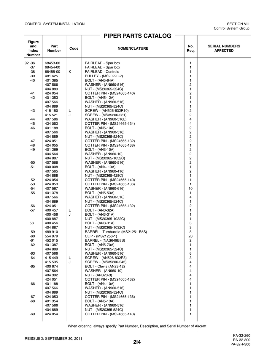 Aviation Part 68453-00 for Piper PA-32-260 Aircraft