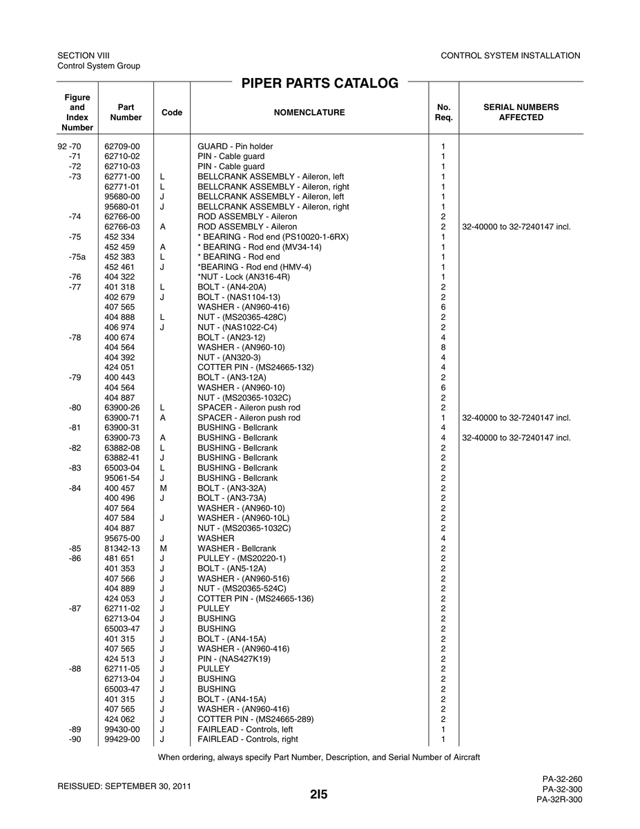 Aviation Part 99429-00 for Piper PA-32-260 Aircraft