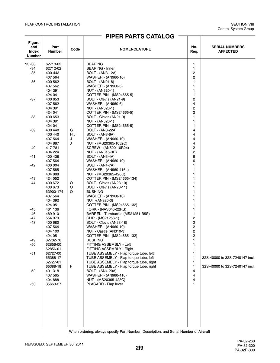 Aviation Part 400-443 for Piper PA-32-260 Aircraft