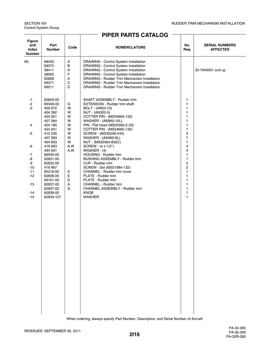 Aviation Part 99161-00 for Piper PA-32-260 Aircraft